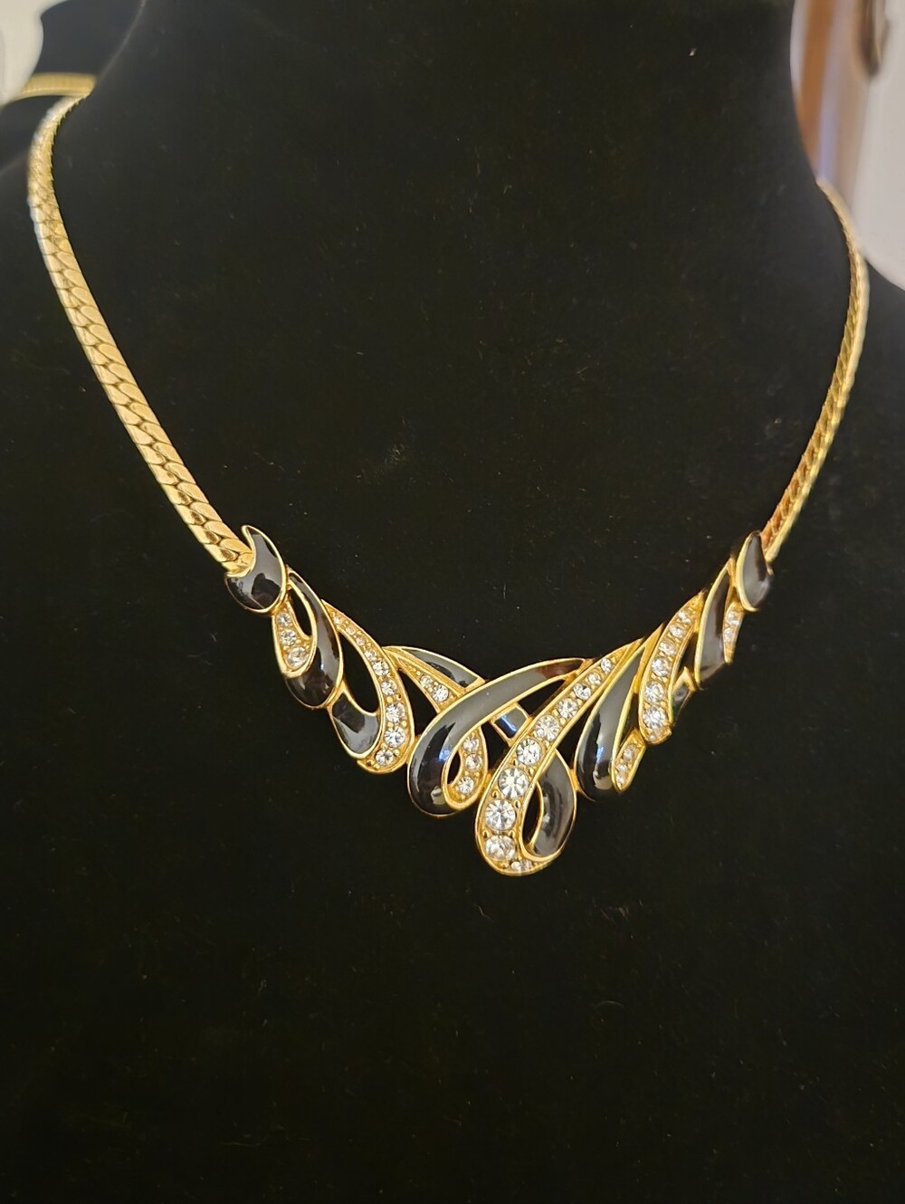 Signed TRIFARI Black & Rhinestone Ribbon Swirl Collar Necklace 1980s DecoRevival